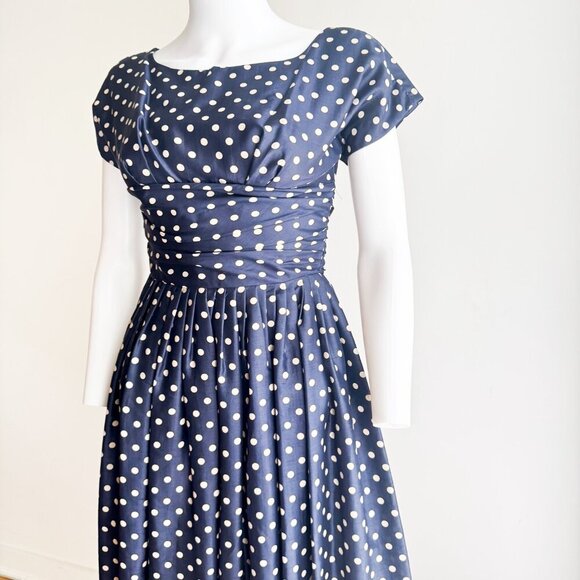 Vintage Silk Navy Blue White Polka Dot Short Sleeve Dress XS - Picture 5 of 8